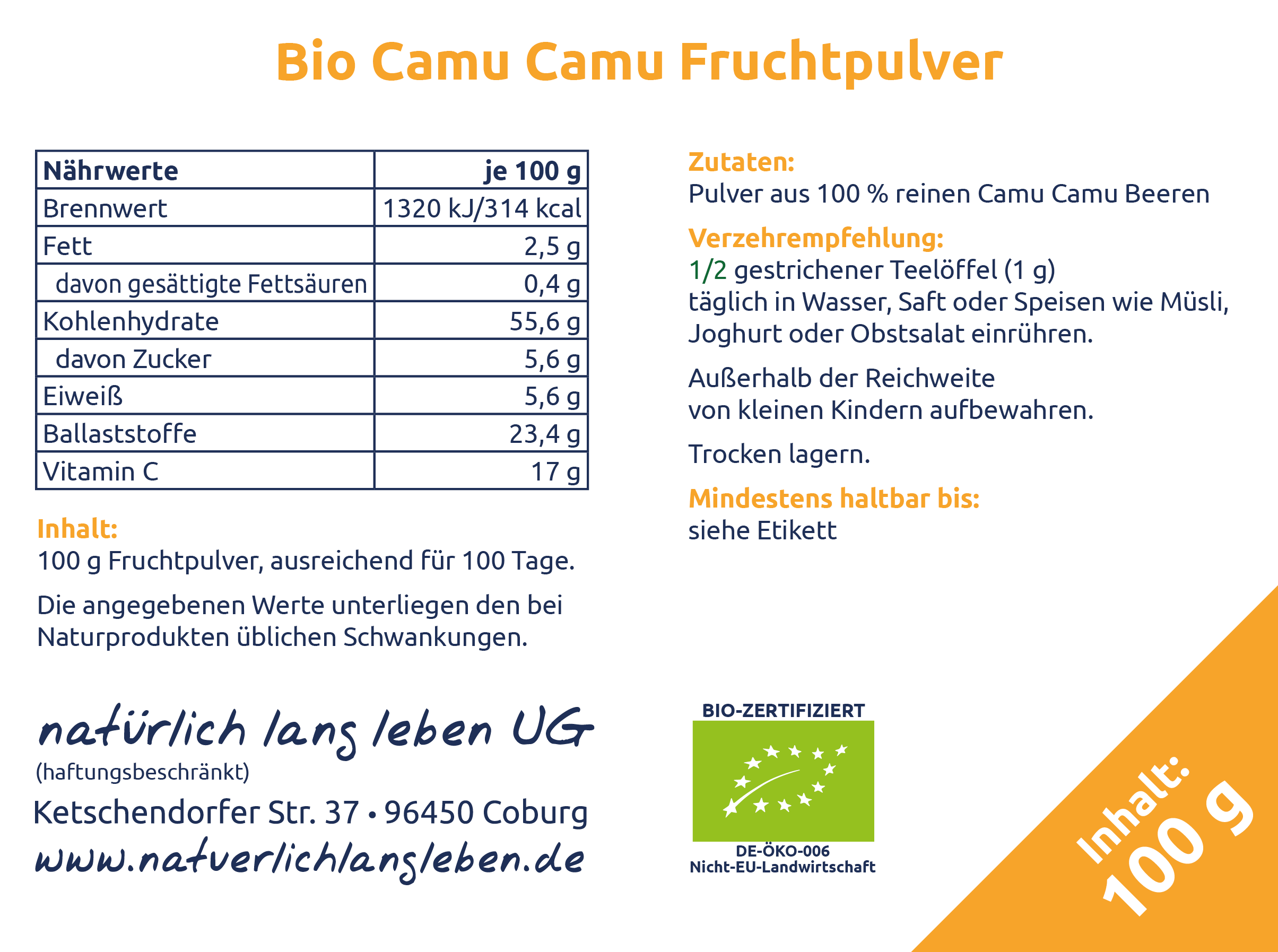 Nährwertangeben BIO-Camu