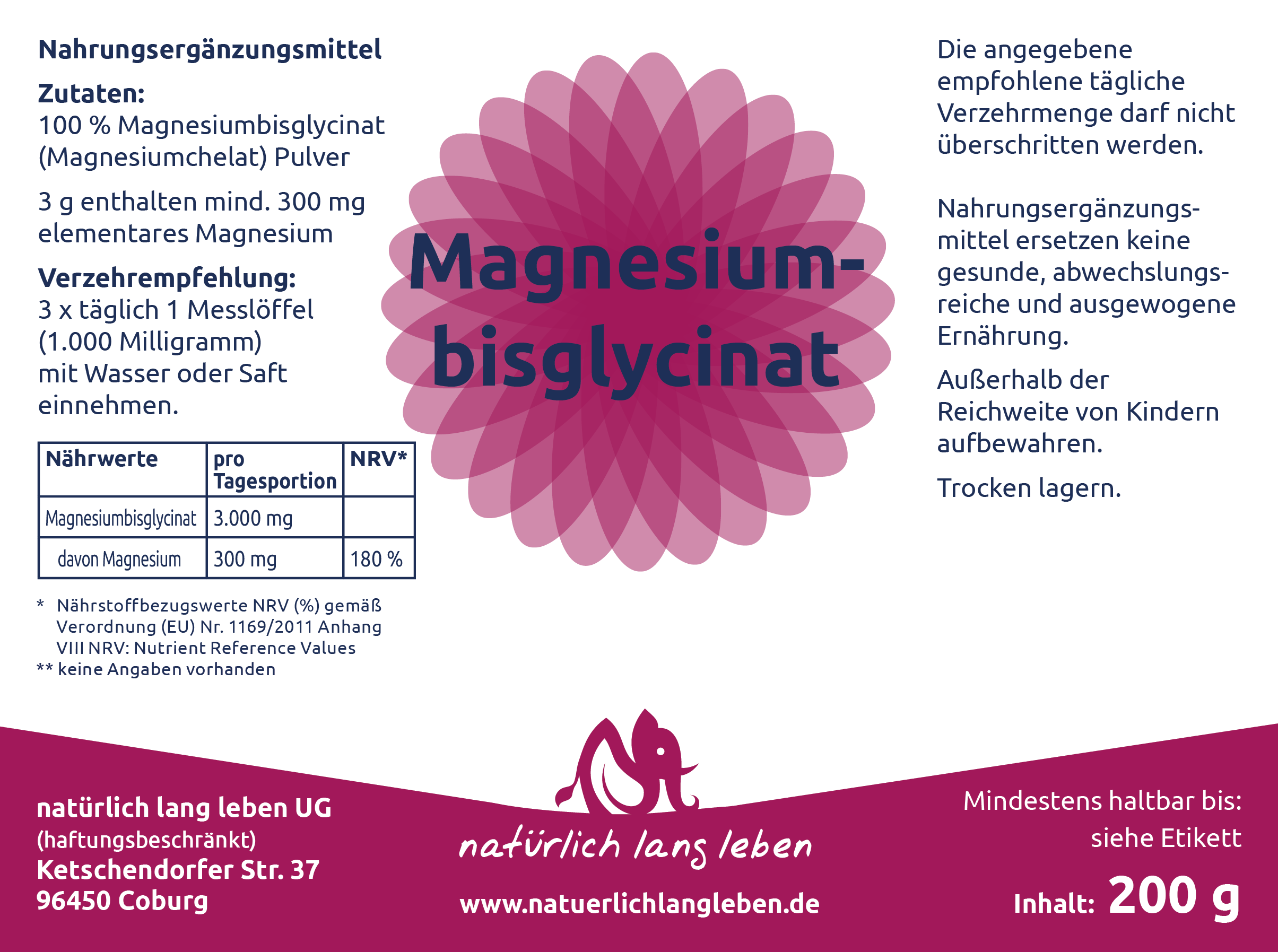 Magnesiumbisglycinat | (Magnesium - Chelat) Pulver | 200 g | natürlic